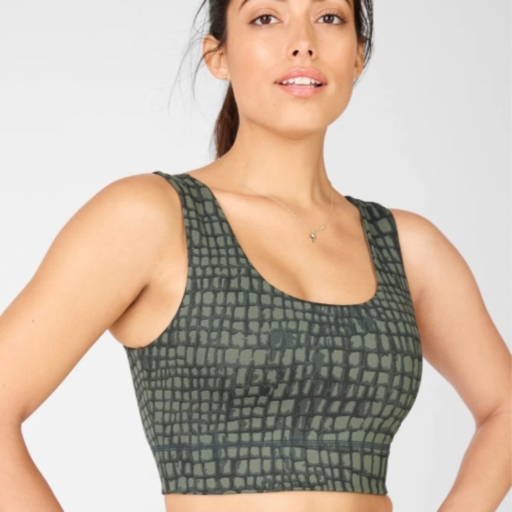 Fabletics reversible sport bra  aligator print / solid olive green on other side